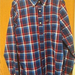 Hollister men plaid long sleeve shirt bottom down blue and red